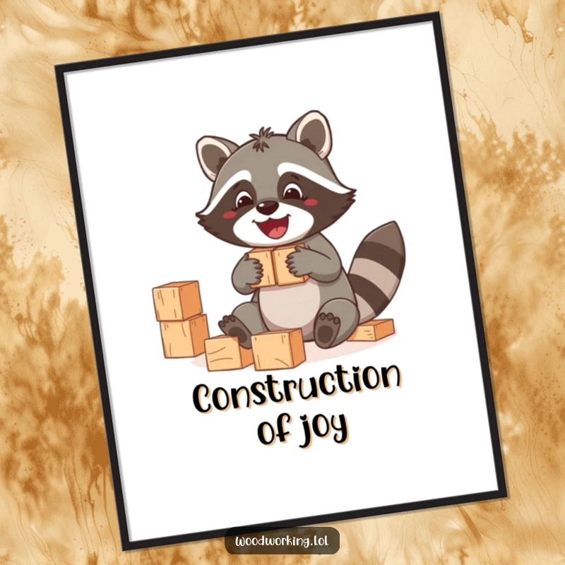 Funny Raccoon Poster: A jolly raccoon building with wooden blocks, cheerful wall art, a funny gift.