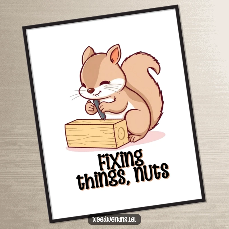 Funny squirrel diligently screwing two small wooden planks together, perfect for wall art.