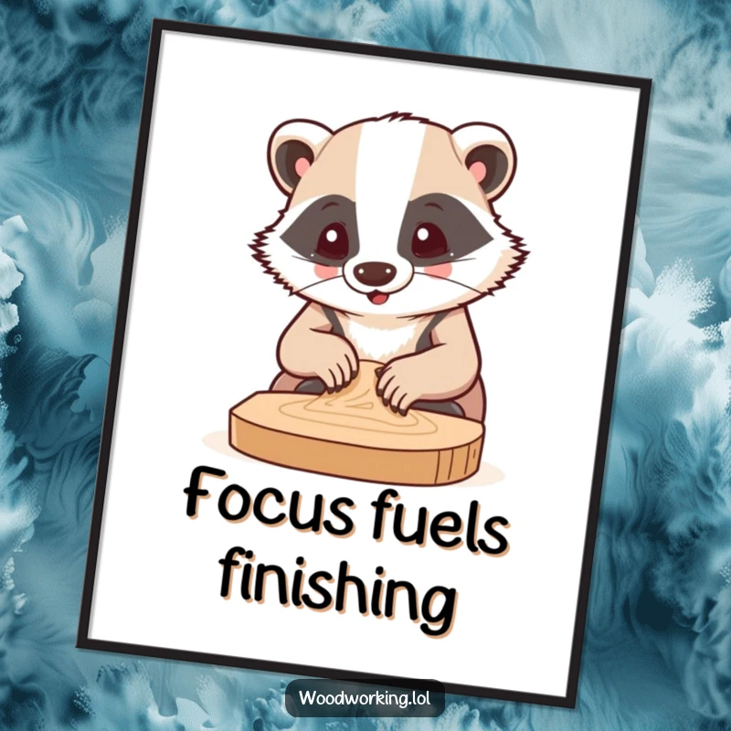 Funny poster featuring a badger with extreme concentration skills sanding a piece of wood, delightful for home or workshop.
