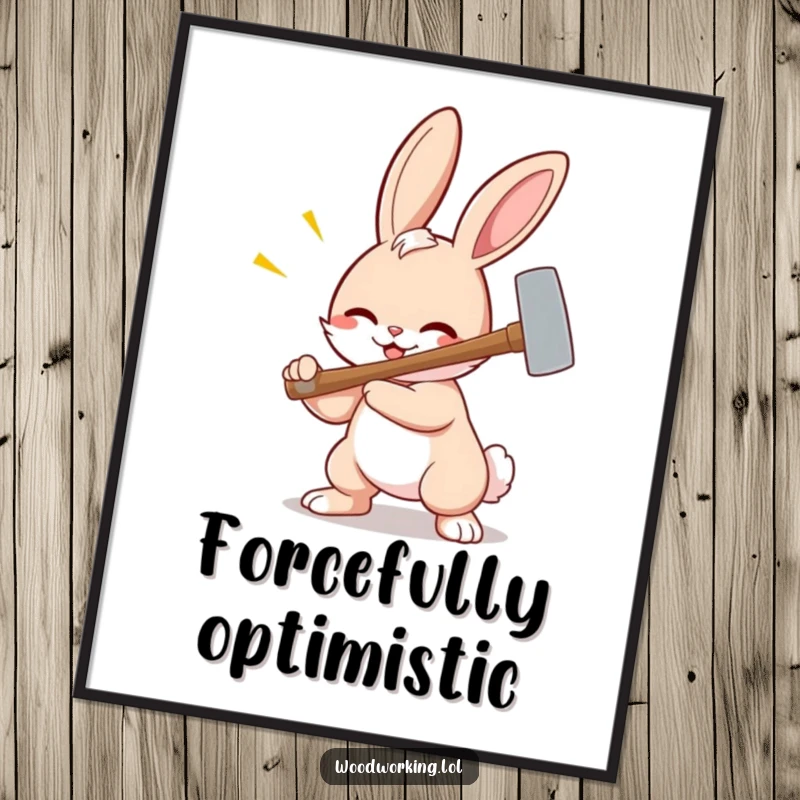 Funny bunny poster, a highly amused cartoon bunny using a hammer with cartoonishly great force on a project.