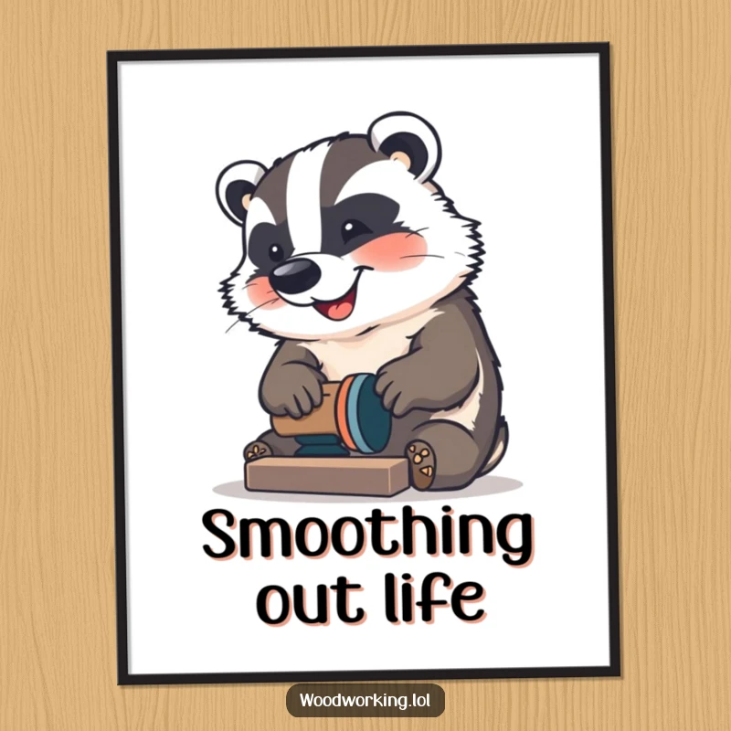 Funny Badger Poster: A happy badger sanding wood with great focus, wall art, a funny gift.