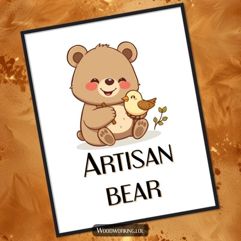Funny bear giggling while carving a small wooden bird with pride, creating a detailed and humorous wall art poster.