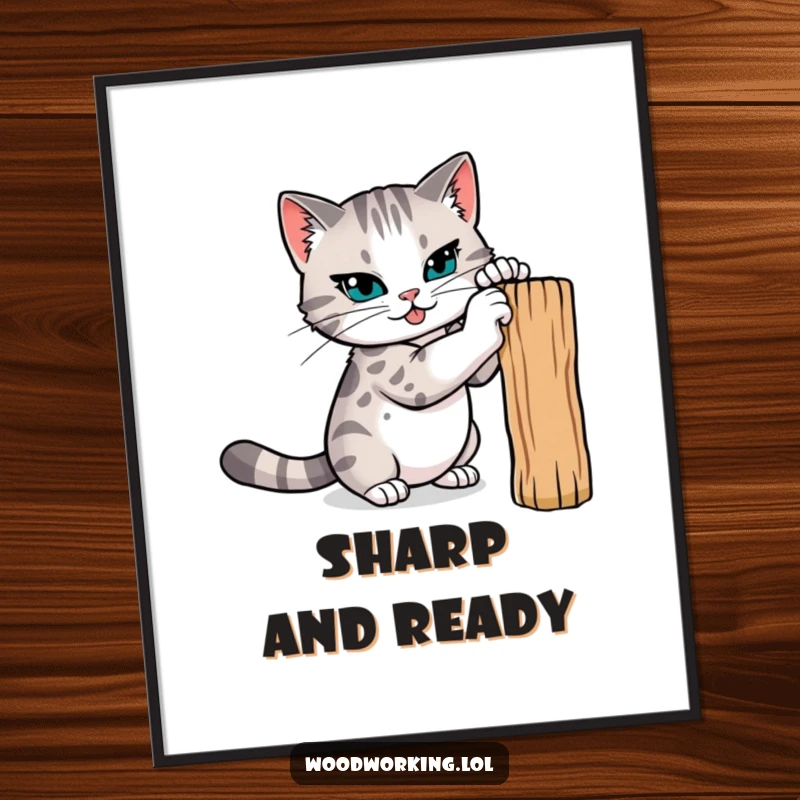 Funny cat poster, a determined cat sharpening its claws on a wooden post, capturing a moment of intense feline preparation.