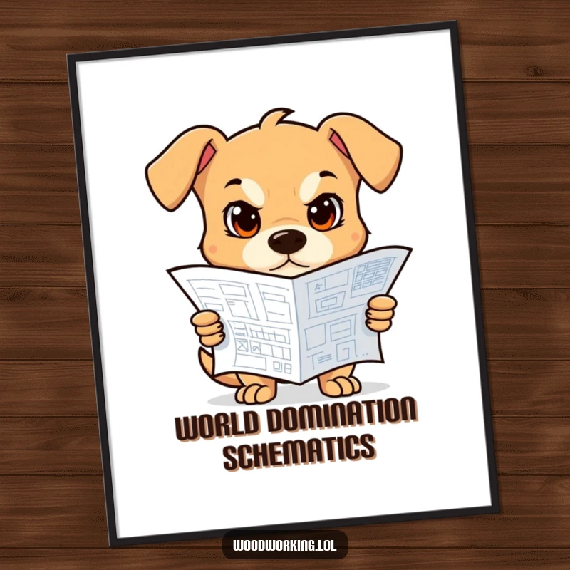 Funny Dog Poster: A determined dog intensely studying a blueprint, ideal wall art, a funny gift.