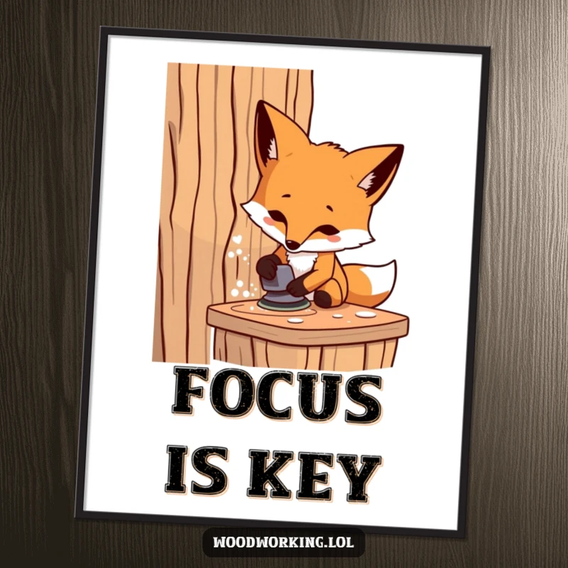 Funny fox carpenter poster, a determined artisan intensely sanding wood, bringing humor and inspiration to any room.