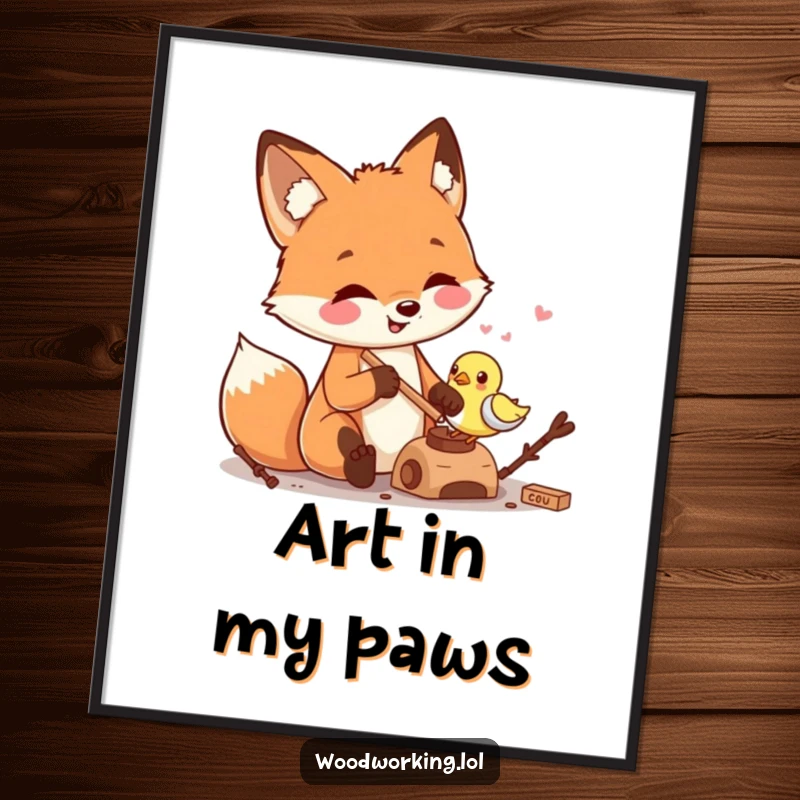 Funny fox skillfully carving a tiny wooden bird, presented as charming poster art, celebrating craftsmanship and gentle, artistic humor.