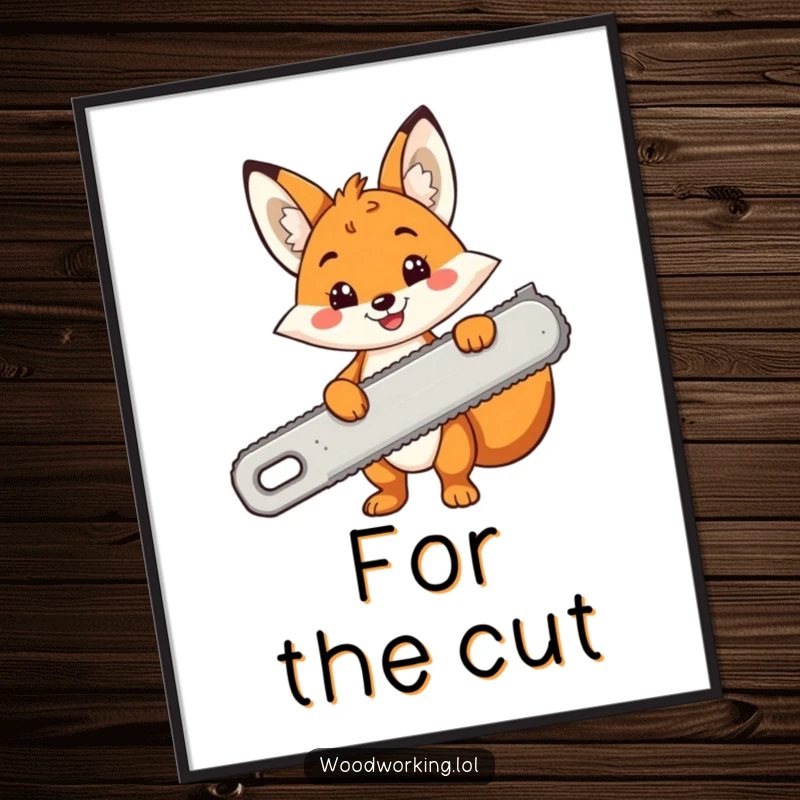 Funny poster of a cheerful cartoon fox smiling while holding a comically large saw, inspiring DIY art.