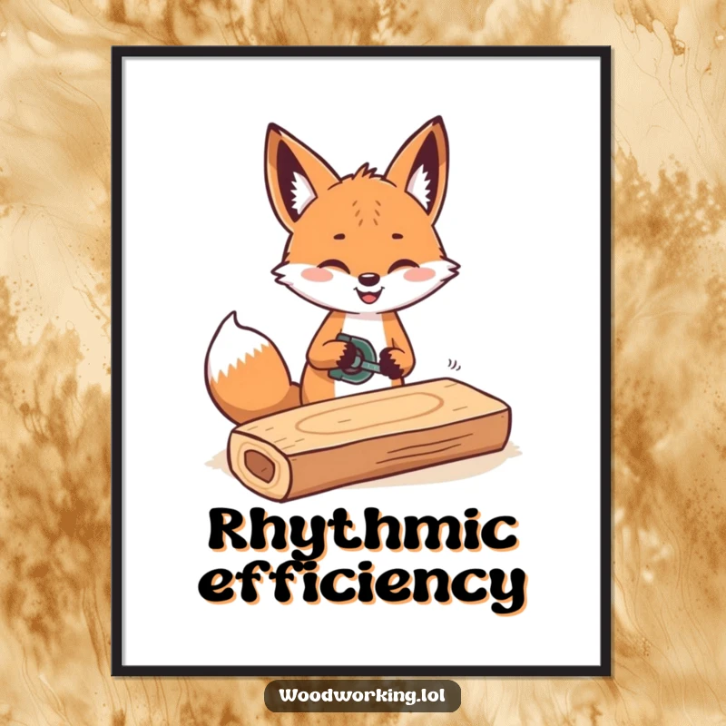 Funny poster featuring a cheerful fox rhythmically sawing a plank of wood, ideal for craft rooms.