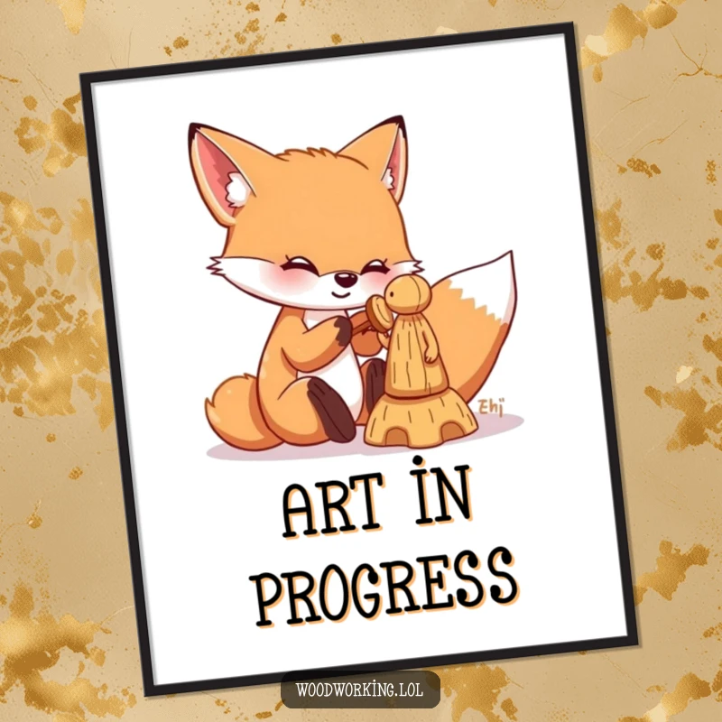 Funny fox poster showing a playful fox chiseling a small wooden figure, perfect for humorous and craft-themed wall decor.