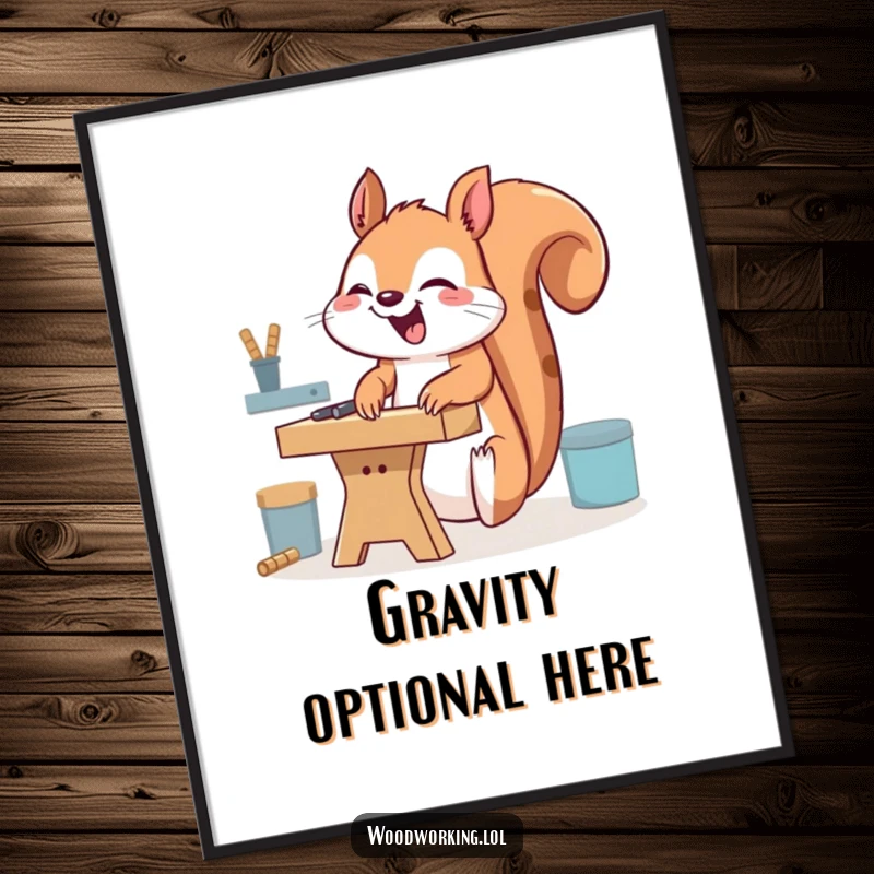 Funny giggling squirrel poster, shown humorously using a workbench upside down, radiating chaotic joy and DIY spirit for any wall.