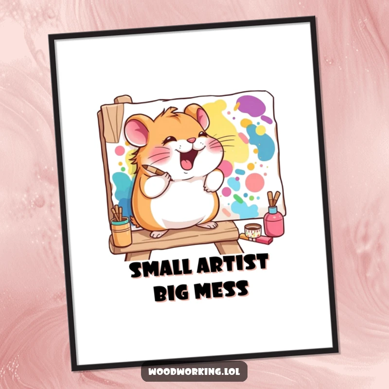 Funny hamster poster of a giggling hamster joyfully painting a vibrant mural on a wooden board, showcasing pure artistic delight.