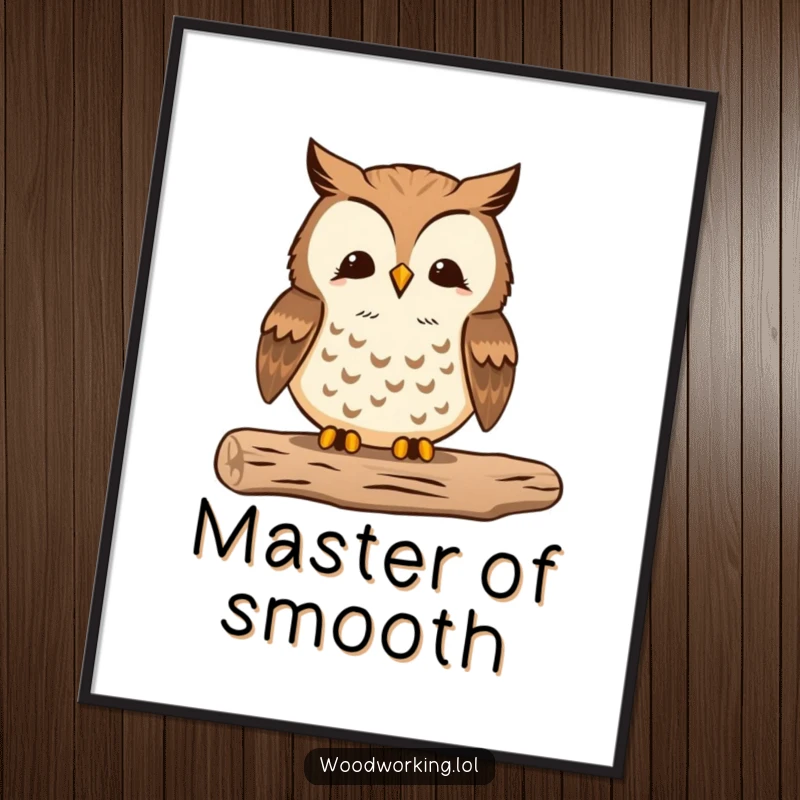 Funny poster of a proud owl meticulously sanding wood to perfection, a symbol of dedication and skill.