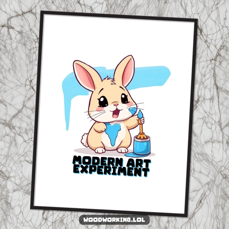 Funny rabbit poster depicting a surprised bunny covered in bright blue paint, ideal for humorous and art-themed wall decor.