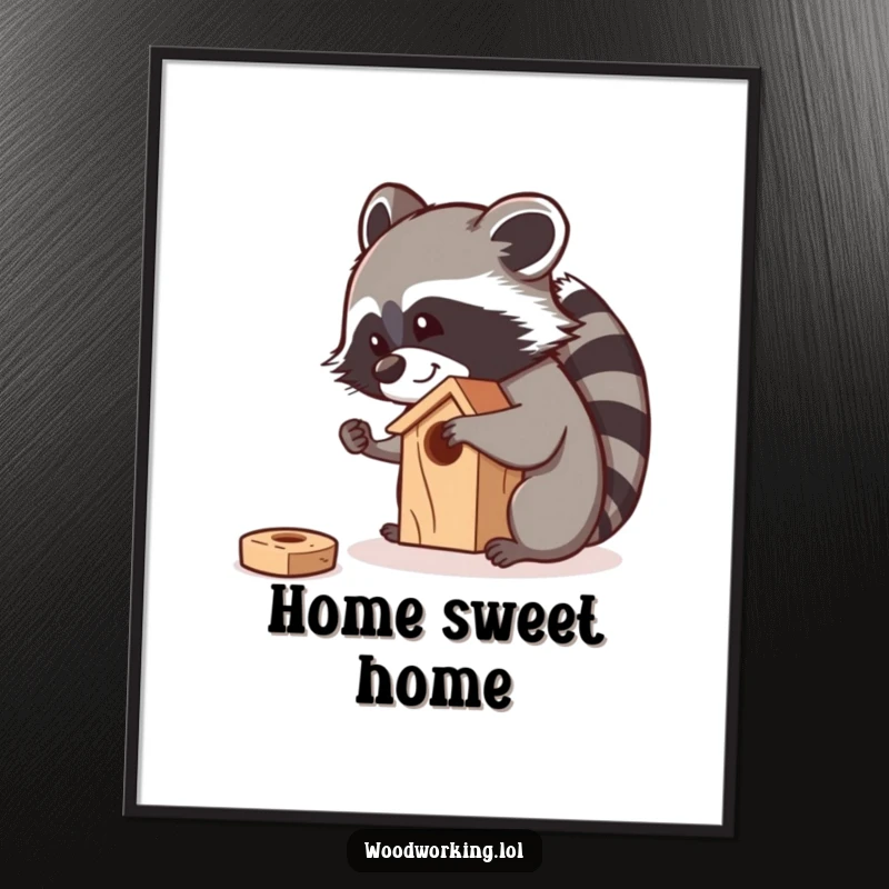 Funny raccoon meticulously sanding a small wooden birdhouse with a smile, perfect for wall art.