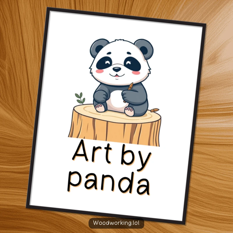 Funny poster art of a silly panda concentrating on carving a delicate design into a piece of wood, showcasing artistic skill.