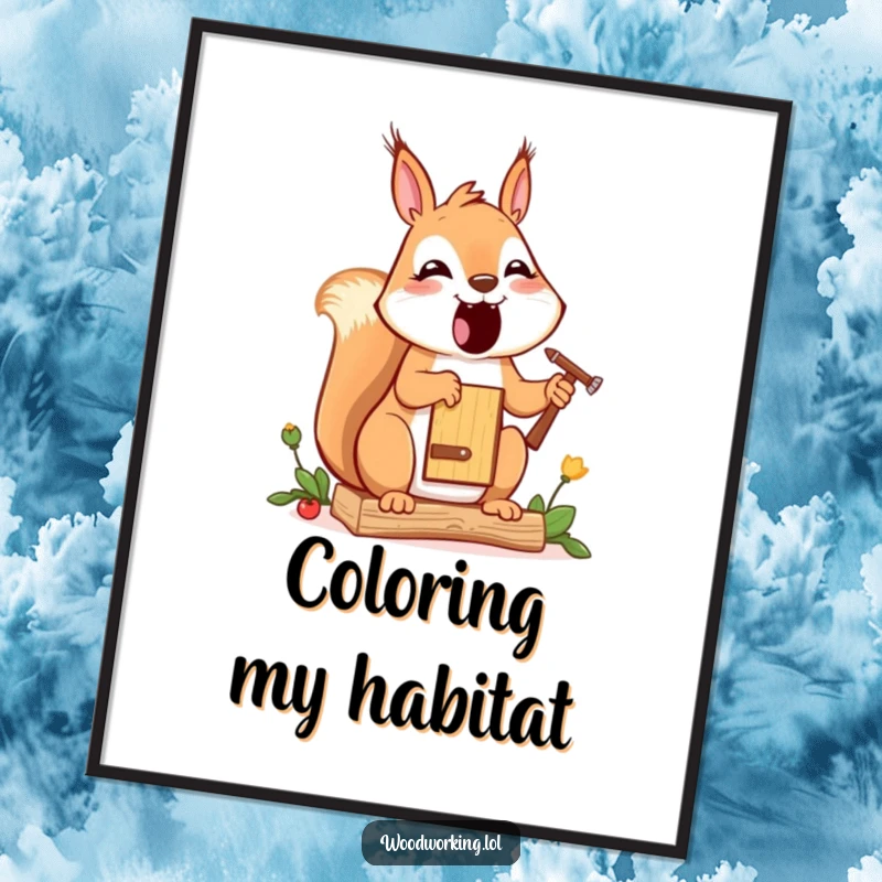 Funny squirrel poster, a cheerful cartoon squirrel painting a small wooden birdhouse with artistic concentration and joy.