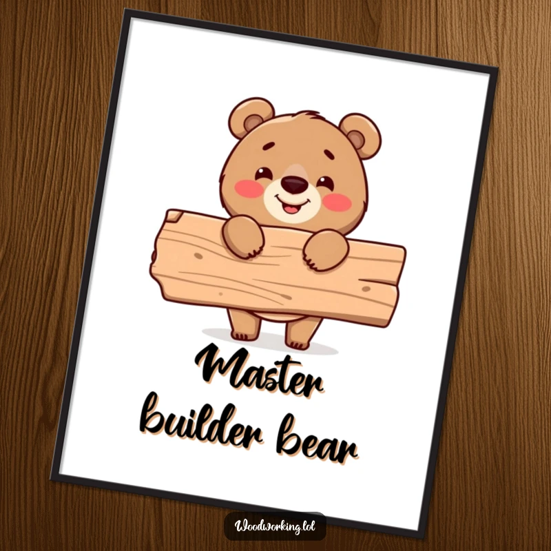 Funny poster, cheerful bear holding wood plank, proud DIYer, workshop decor, humorous art.