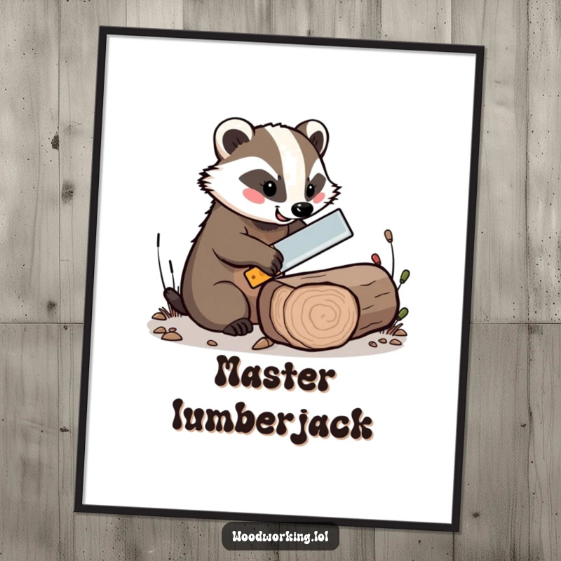 Funny poster of a cheerful badger skillfully sawing a log with a comically tiny saw, whimsical decor.