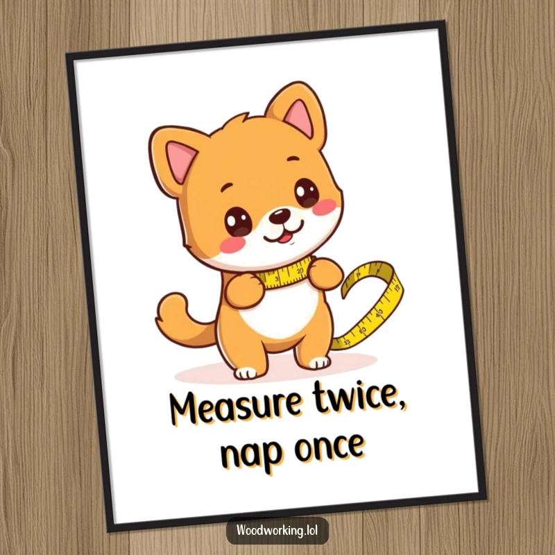 Funny dog trying to be a carpenter, measuring wood with a huge tape measure, displayed as funny wall art, inspiring.