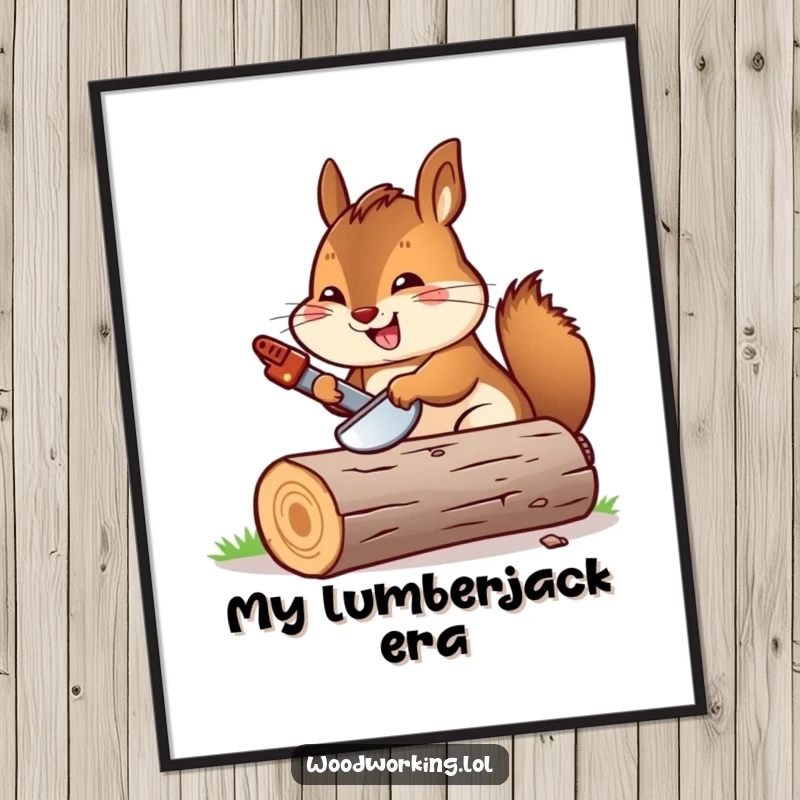 Funny chipmunk enthusiastically sawing a log with a miniature saw, depicted as cheerful wall art for workshops.