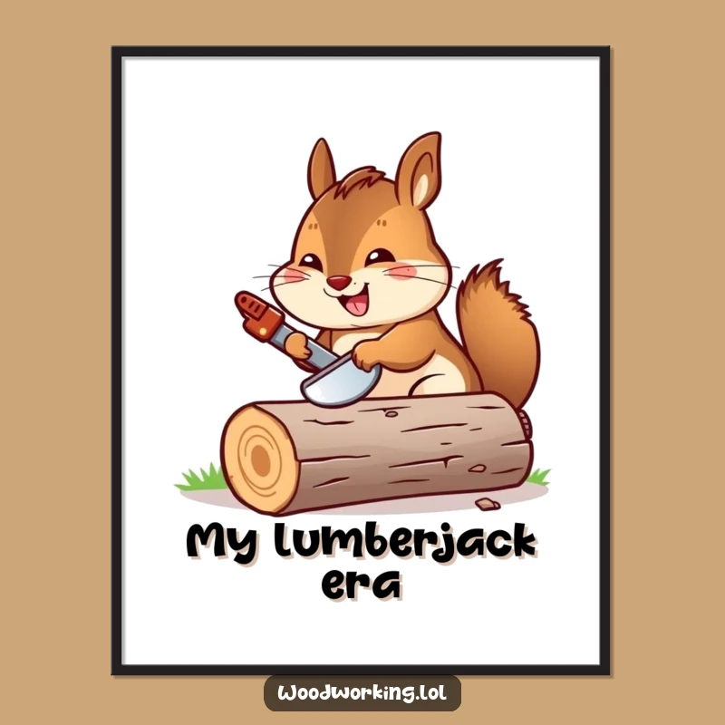 Funny Chipmunk Sawing Log Poster: Cheerful Carpenter Wall Art for Home & Workshop