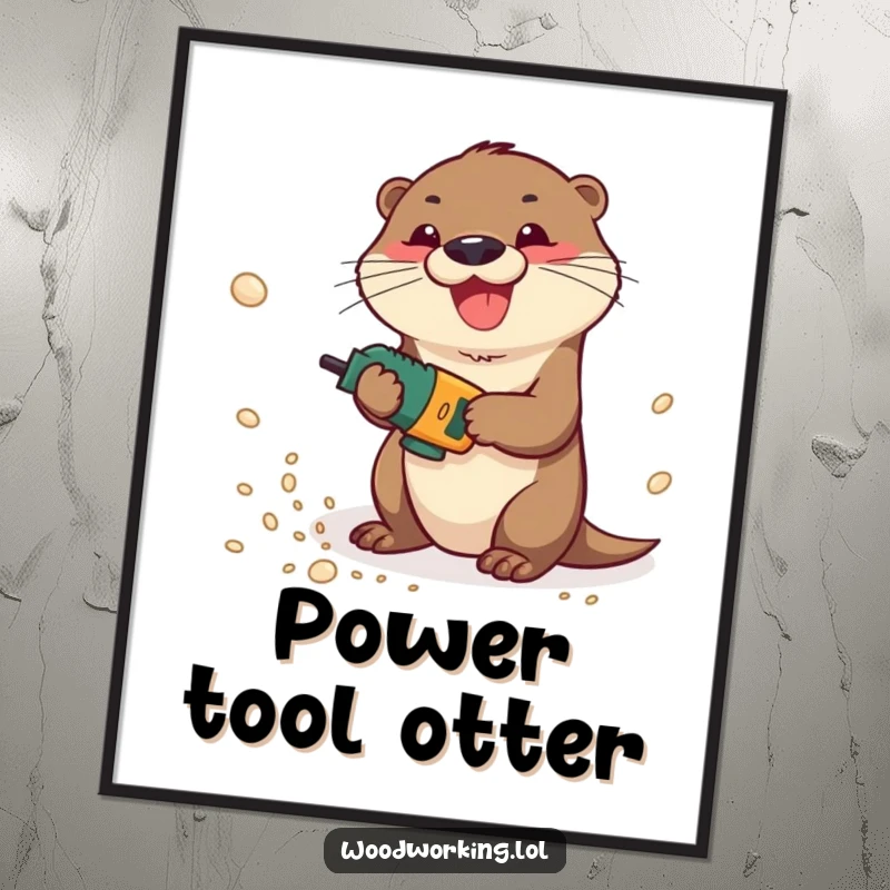 Funny otter gleefully operating a power drill, creating clouds of sawdust, perfect for wall art.