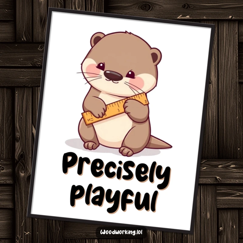 Funny otter poster, a playful otter carefully measuring a piece of wood with a tiny ruler, exuding focus and creative determination.