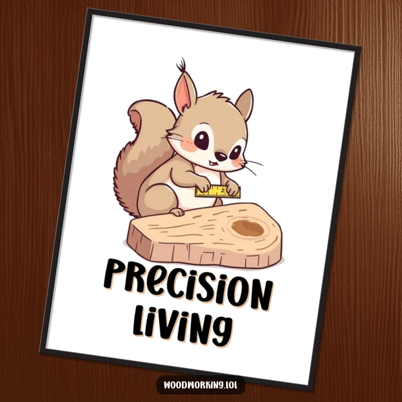 Funny squirrel measurer poster, curiously measuring wood with a tape measure, adding precise humor to walls.