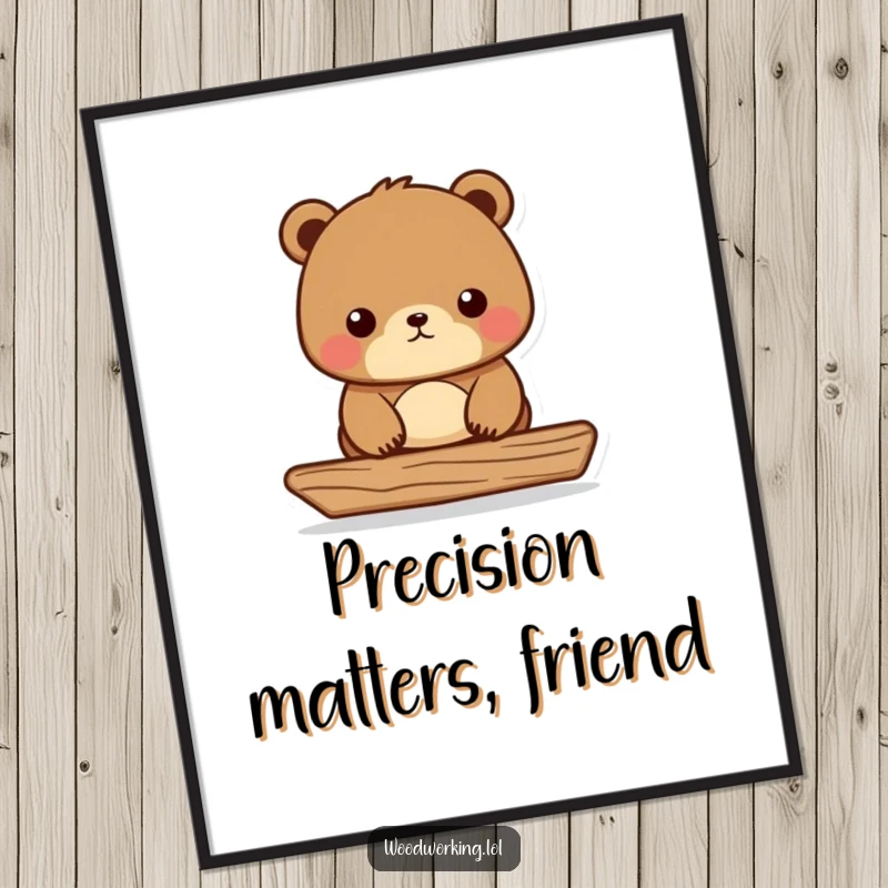 Funny Bear Carpenter Poster capturing a focused bear using a level on wood, a humorous wall art gift.