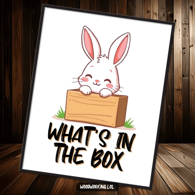 Funny poster of a curious bunny peering into a wooden toolbox with excitement, capturing a moment of eager exploration.