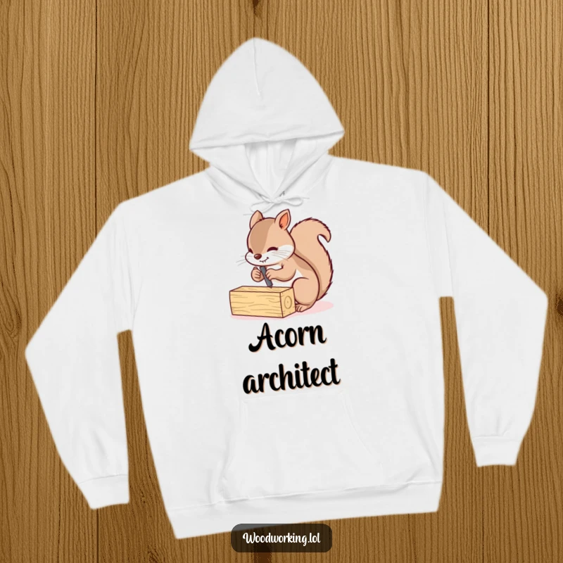 Funny squirrel diligently screwing two small wooden planks together, depicted on a comfortable hoodie.