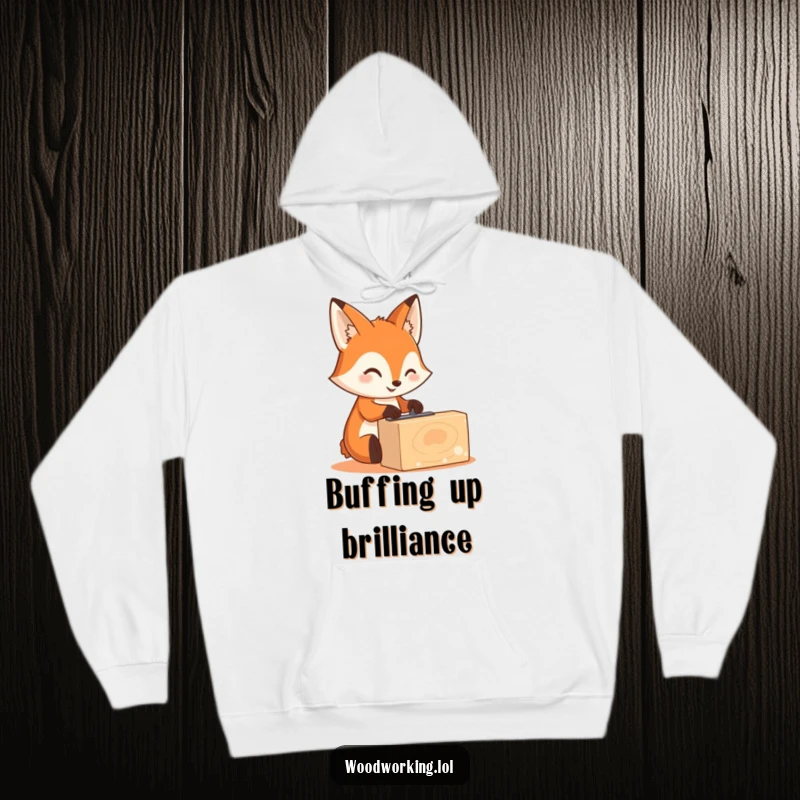 Funny fox wearing safety goggles and sanding wood, cozy hoodie, symbolizes smooth craftsmanship, perfect funny gift.