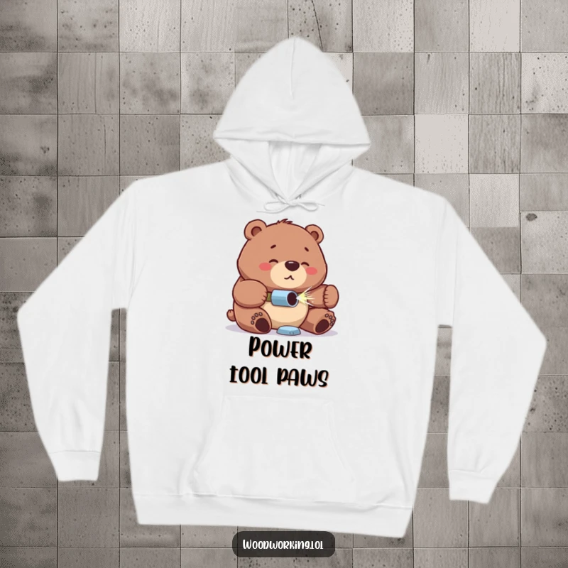 Funny bear hoodie, proud expression, concentrated look while drilling, a cozy and humorous representation of hard work.