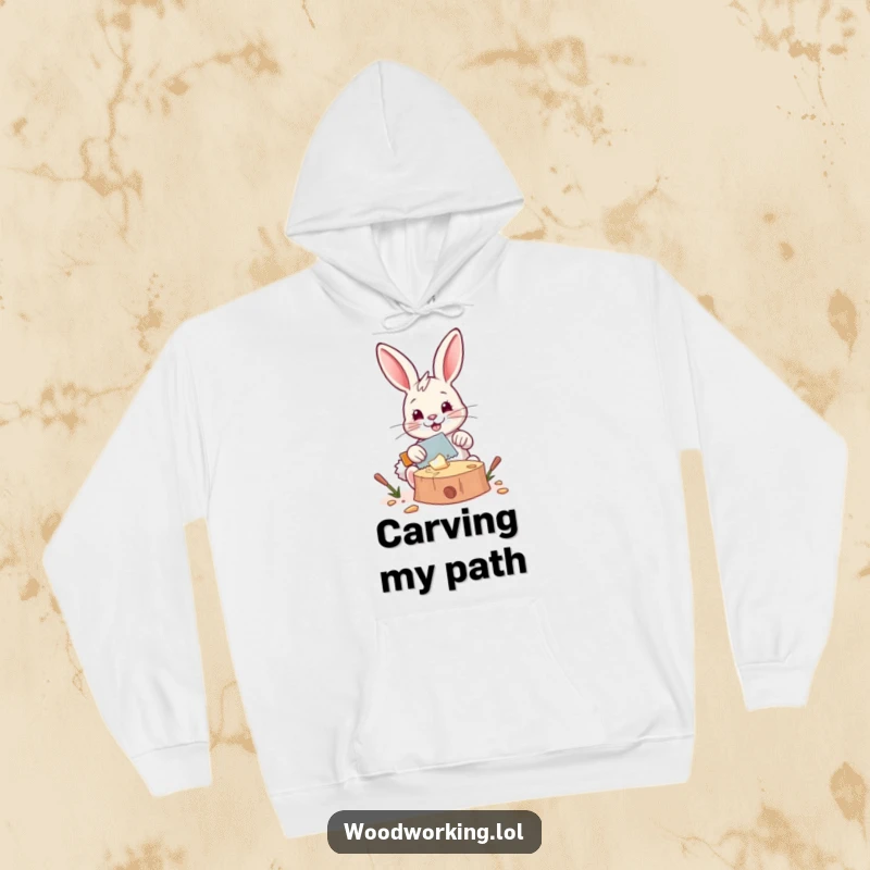 Funny hoodie: A happy bunny saws wood with a tiny saw, offering cozy DIY humor and comfort for workshop enthusiasts as a gift.