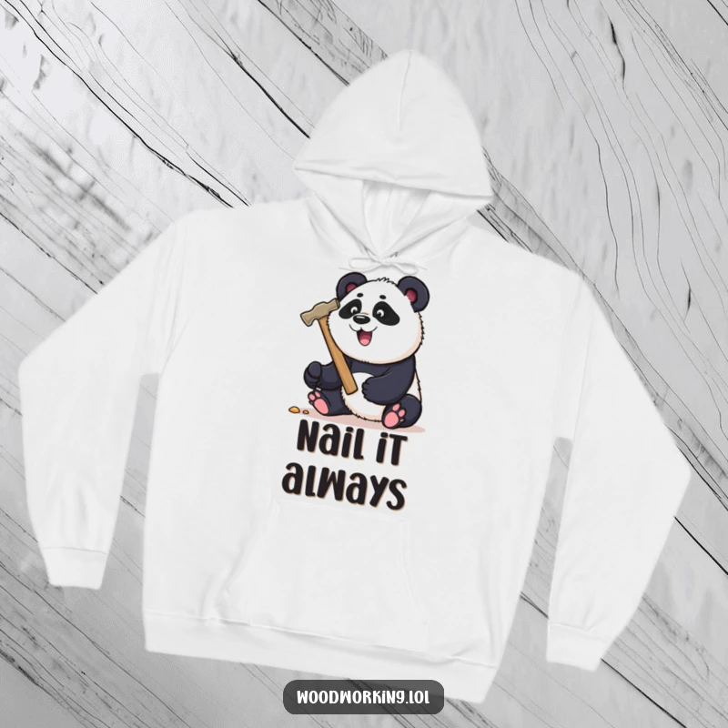 Funny panda carpenter hoodie, playfully hammering a nail with a huge hammer, combining warmth and humor.
