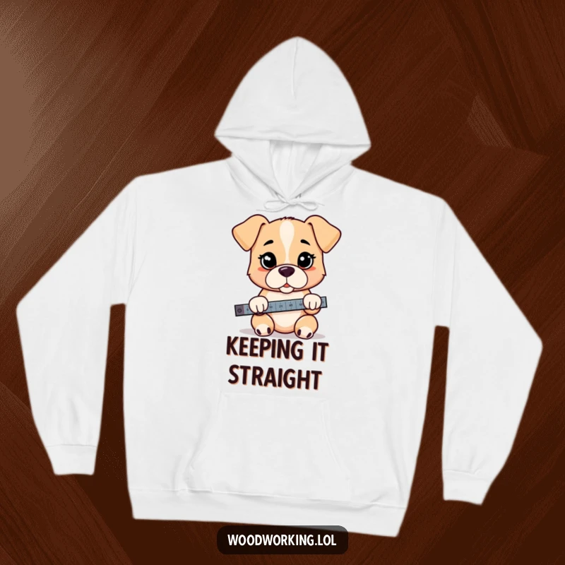 Funny puppy hoodie, a cartoon puppy intently holding a level, embodying focus and humor.