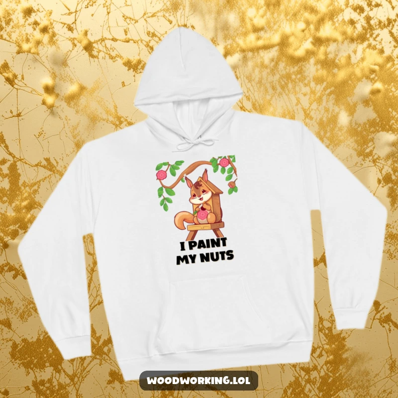 Cozy hoodie featuring a happy squirrel with a paintbrush creating art on a birdhouse, lovely for winter.