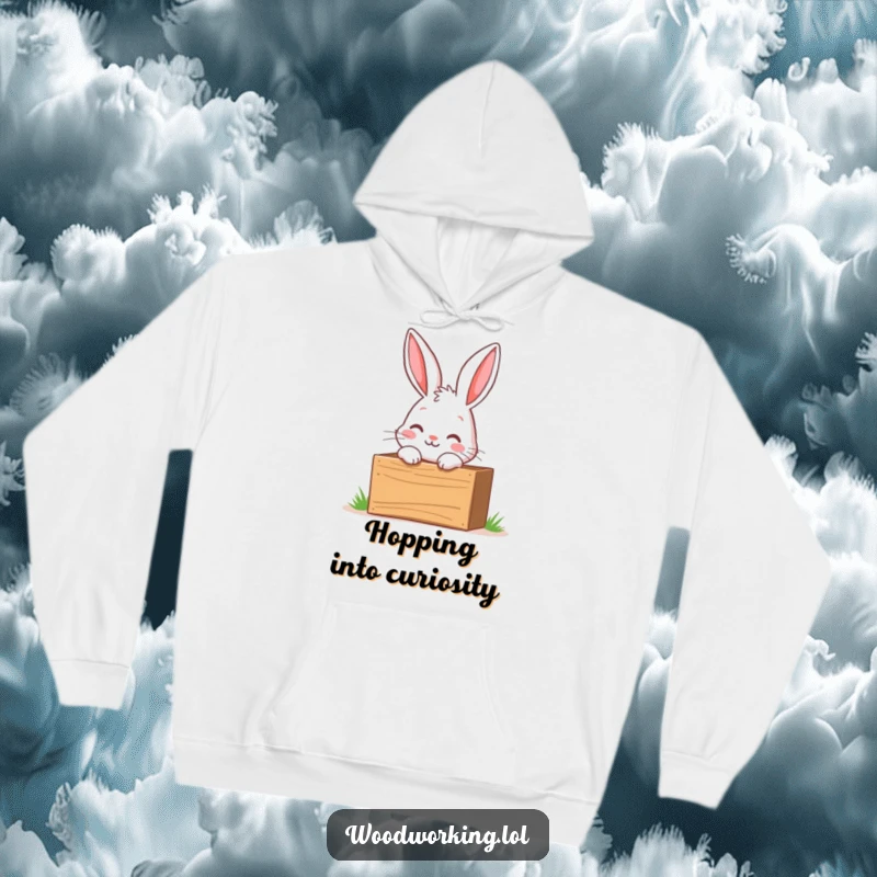 Funny hoodie featuring a curious bunny peering into a wooden toolbox with excitement, ready to uncover secrets.