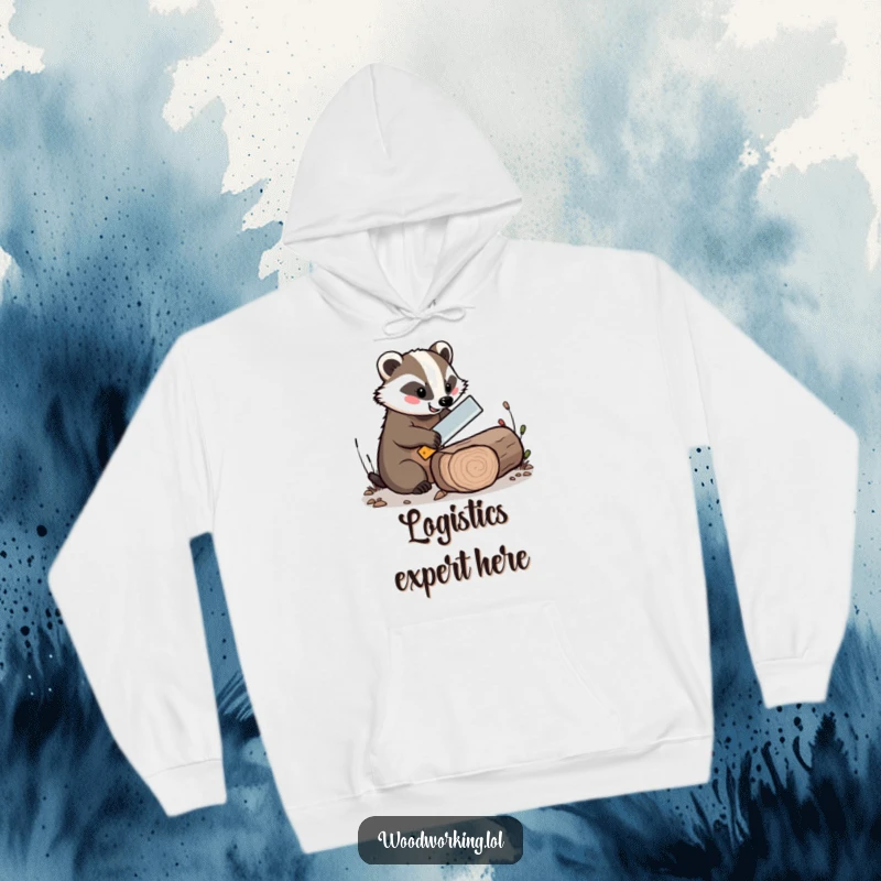 Funny hoodie featuring a cheerful badger expertly sawing a log with a tiny saw, perfect for cozy humor.