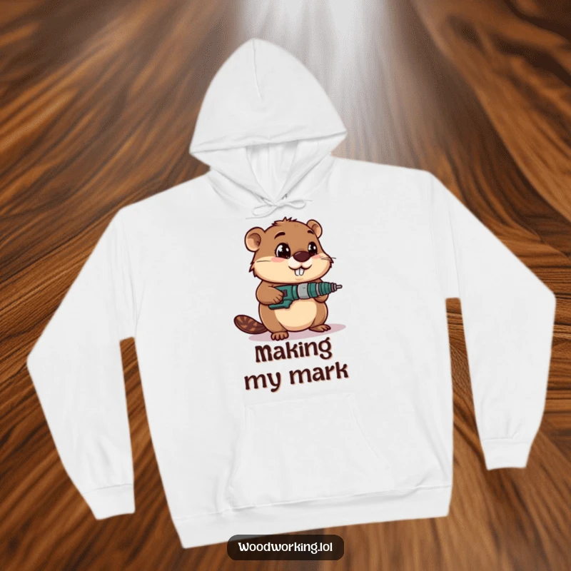 Funny hoodie design of a determined beaver with wide-eyed concentration using a drill, perfect for builders.