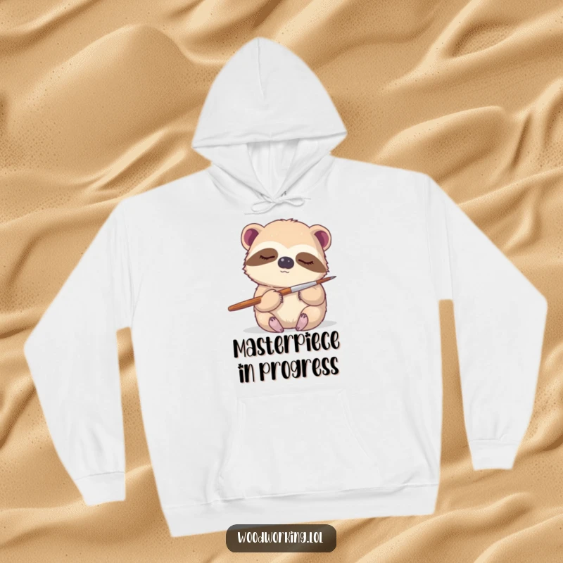 Funny sloth hoodie, a sleepy sloth gently holding a paintbrush, ready to create masterpieces with a tranquil attitude.