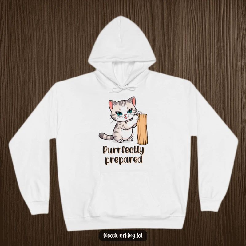 Funny cat hoodie, a determined cat sharpening its claws on a wooden post, embodying strength and a readiness for any challenge.