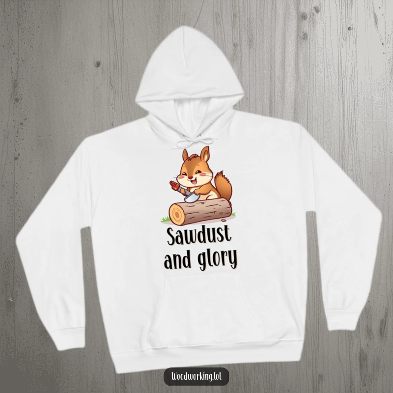 Funny chipmunk sawing a log with a miniature saw, depicted on a comfortable hoodie for humor and warmth.