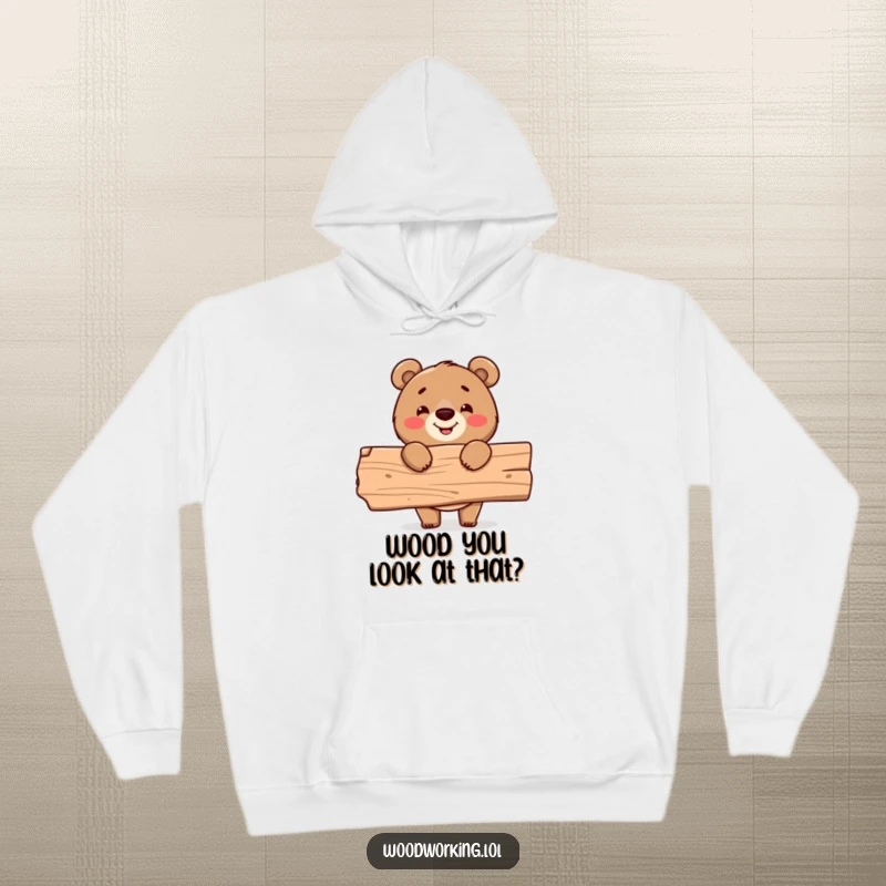 Funny hoodie, bear holding wood plank, proud builder, cozy DIY apparel.