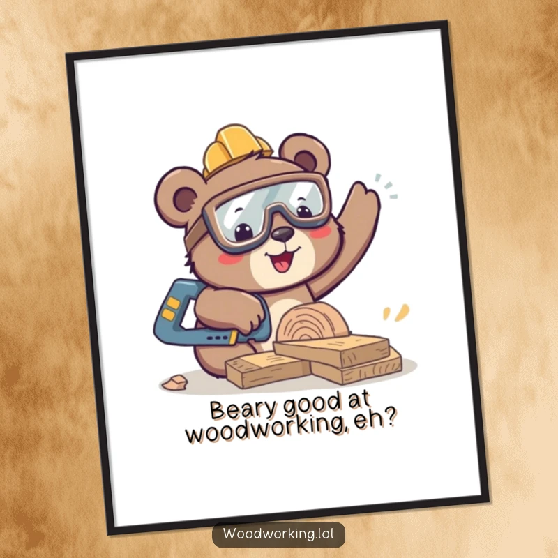 Funny Free Printable Bear Woodworker Wall Art: Happy bear wearing safety goggles, enthusiastically sawing wood, rustic humor.