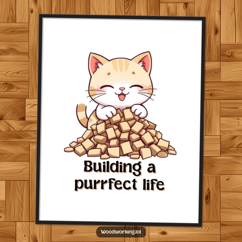 Funny Free Printable Wall Art: A happy cat carefully places wood chips into a pile, showcasing its organized nature.