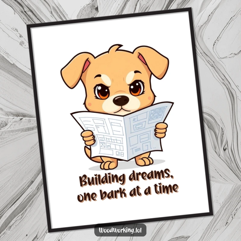 Funny Free Printable Wall Art: A determined dog lawyer intently studying a blueprint, ready to build a stylish room.