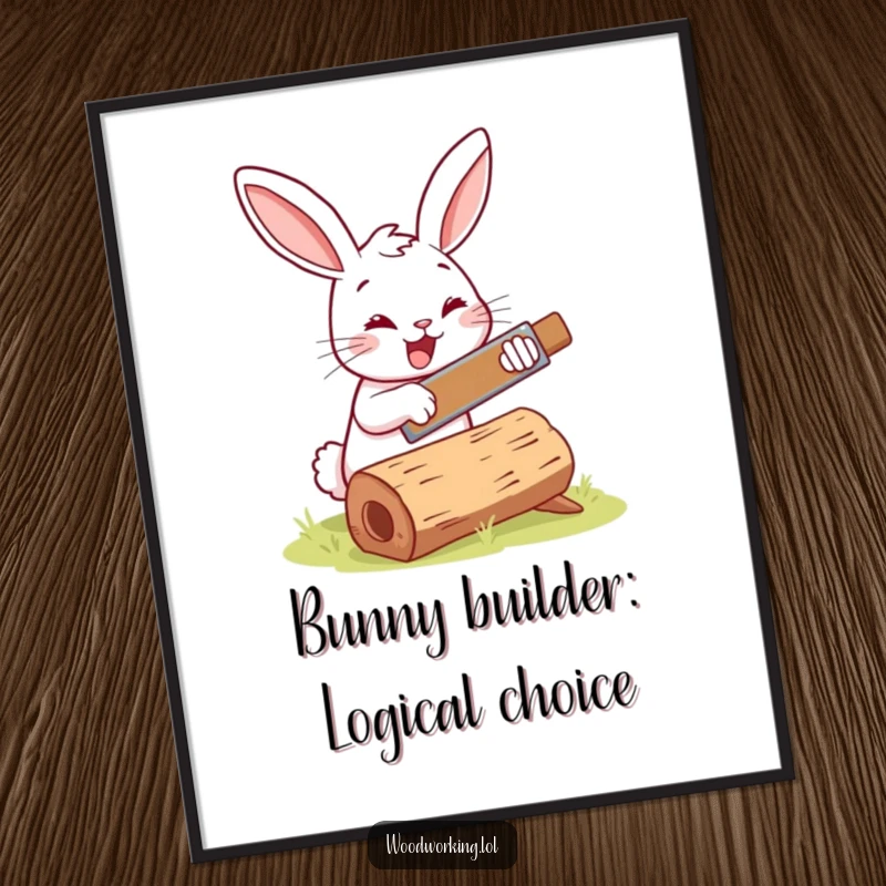 Funny Free Printable Wall Art: Happy bunny using a tiny saw on a log, perfect DIY decor.