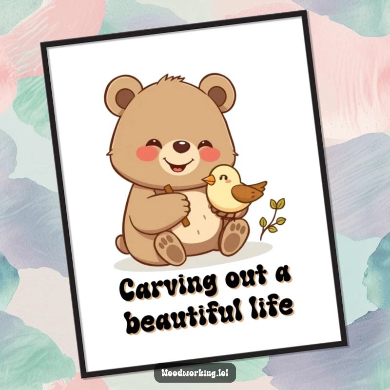 Funny Free Printable Wall Art: A bear with a proud smile carves a tiny wooden bird with glee.