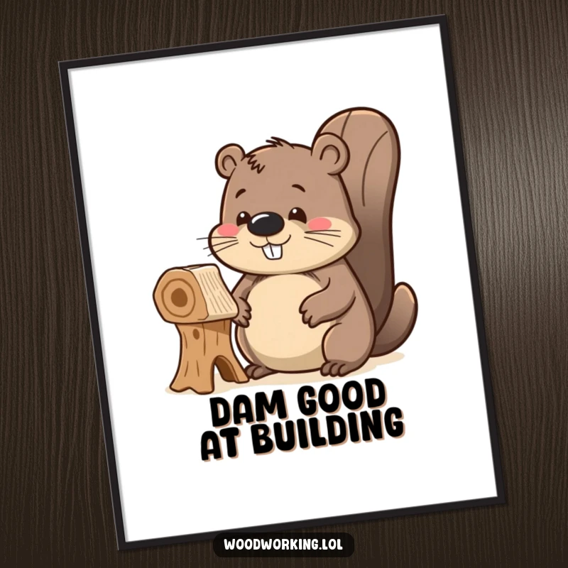 Funny Free Printable Wall Art: Delighted beaver admiring its unfinished wooden creation, proud and humorous downloadable decor.